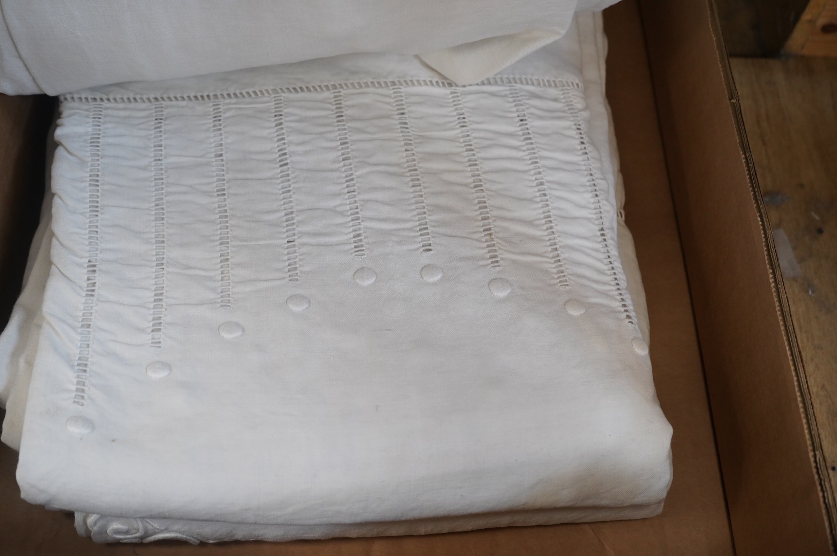 Six French provincial, coarse linen, spot motif embroidered and drawn thread work top sheets